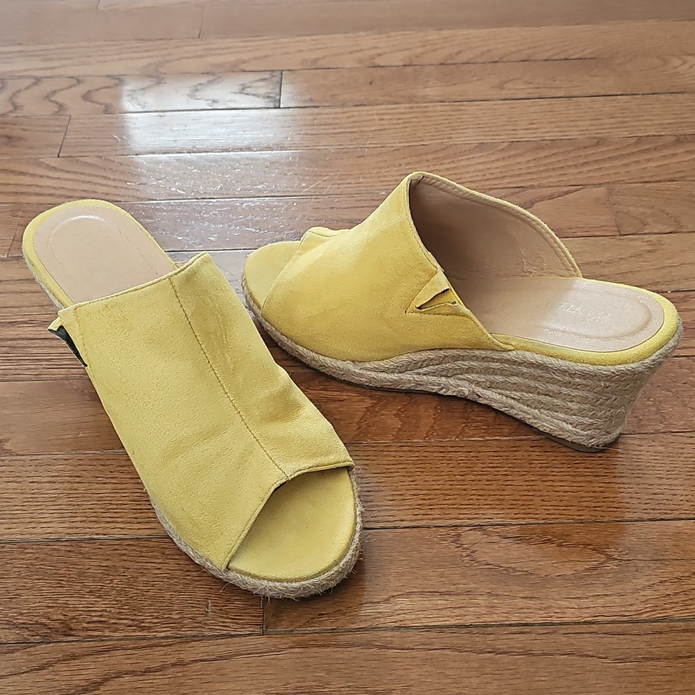 Wanted Yellow Suede Espadrille Wedge Slide Sandals